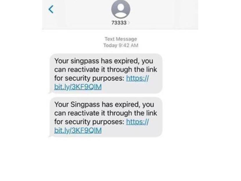 A screenshot of the phishing SMS leading to a fake Singpass website.