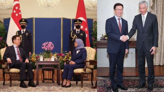 中国副总理韩正拜会哈莉玛总统和李显龙总理