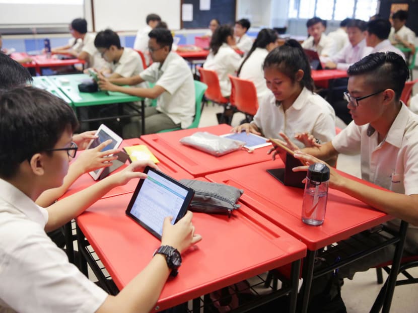 The Student Learning Space (SLS) is used during Admiralty Secondary 3 Social Studies class to facilitate discussion. The SLS is an online learning portal which aims to empower students to become self-directed learners. Teachers are also given more support through the SLS which helps them in the design and conducting of lessons. Photo Wee Teck Hian/TODAY