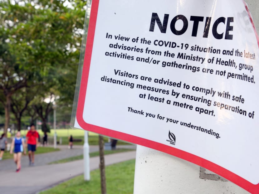 A notice reminding visitors to observe safe-distancing measures at the Bishan-Ang Mo Kio Park on April 10, 2020.