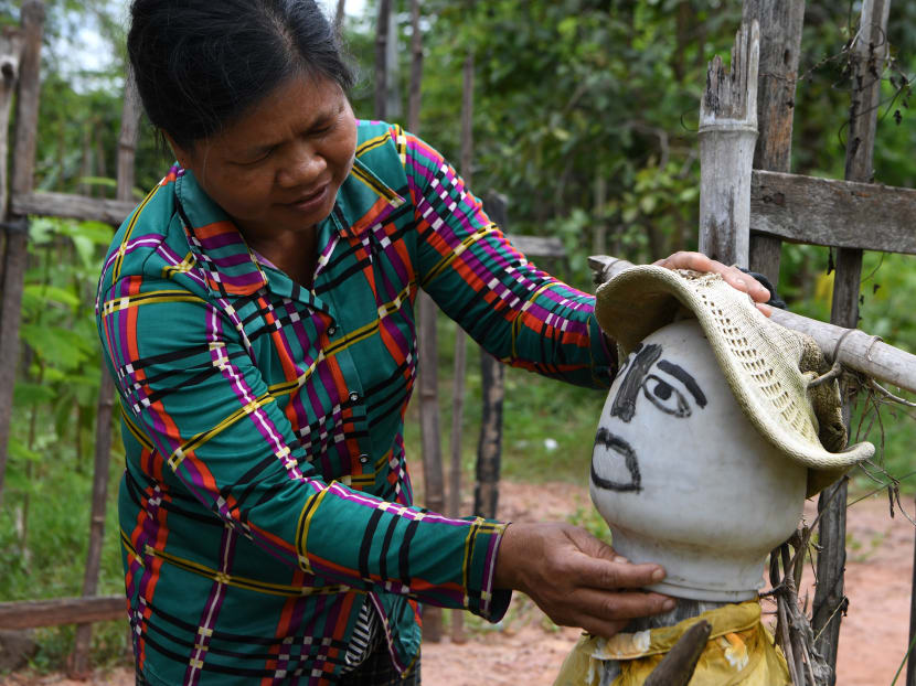 A woman sets up a scarecrow in front of her home in Cambodia's Kampong Cham province on October 11, 2020, as superstitious residents in the region set up the sentries known as "Ting Mong" in Khmer to ward off Covid-19 during the pandemic. A woman sets up a scarecrow in front of her home in Cambodia's Kampong Cham province on October 11, 2020, as superstitious residents in the region set up the sentries known as "Ting Mong" in Khmer to ward off Covid-19 during the pandemic.