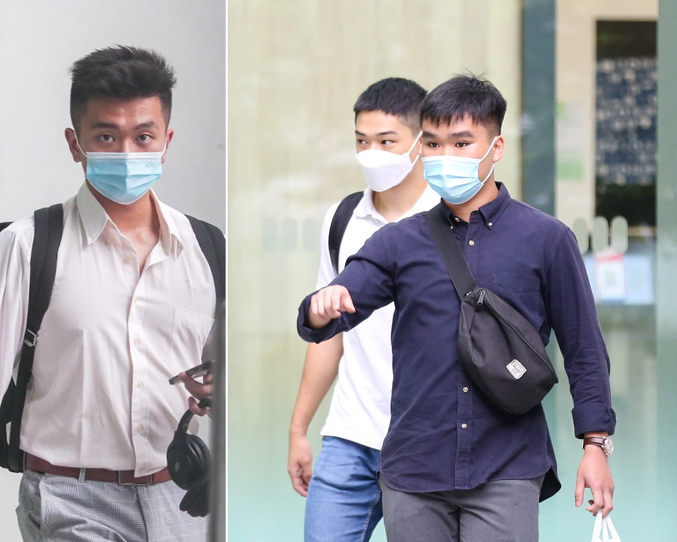 Glaxy Low Xuan Ming (left), Declan Goh Yiren (centre) and Kevan Loh Wei Kang (right) at the State Courts on March 1, 2022. 