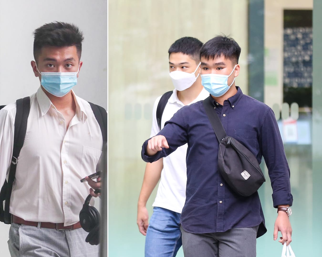 Glaxy Low Xuan Ming (left), Declan Goh Yiren (centre) and Kevan Loh Wei Kang (right) at the State Courts on March 1, 2022. Glaxy Low Xuan Ming (left), Declan Goh Yiren (centre) and Kevan Loh Wei Kang (right) at the State Courts on March 1, 2022.