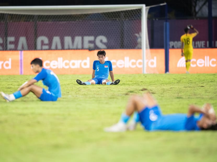 Some of the players from Singapore's football team after their match with Laos at the SEA Games held in Cambodia on May 6, 2023.