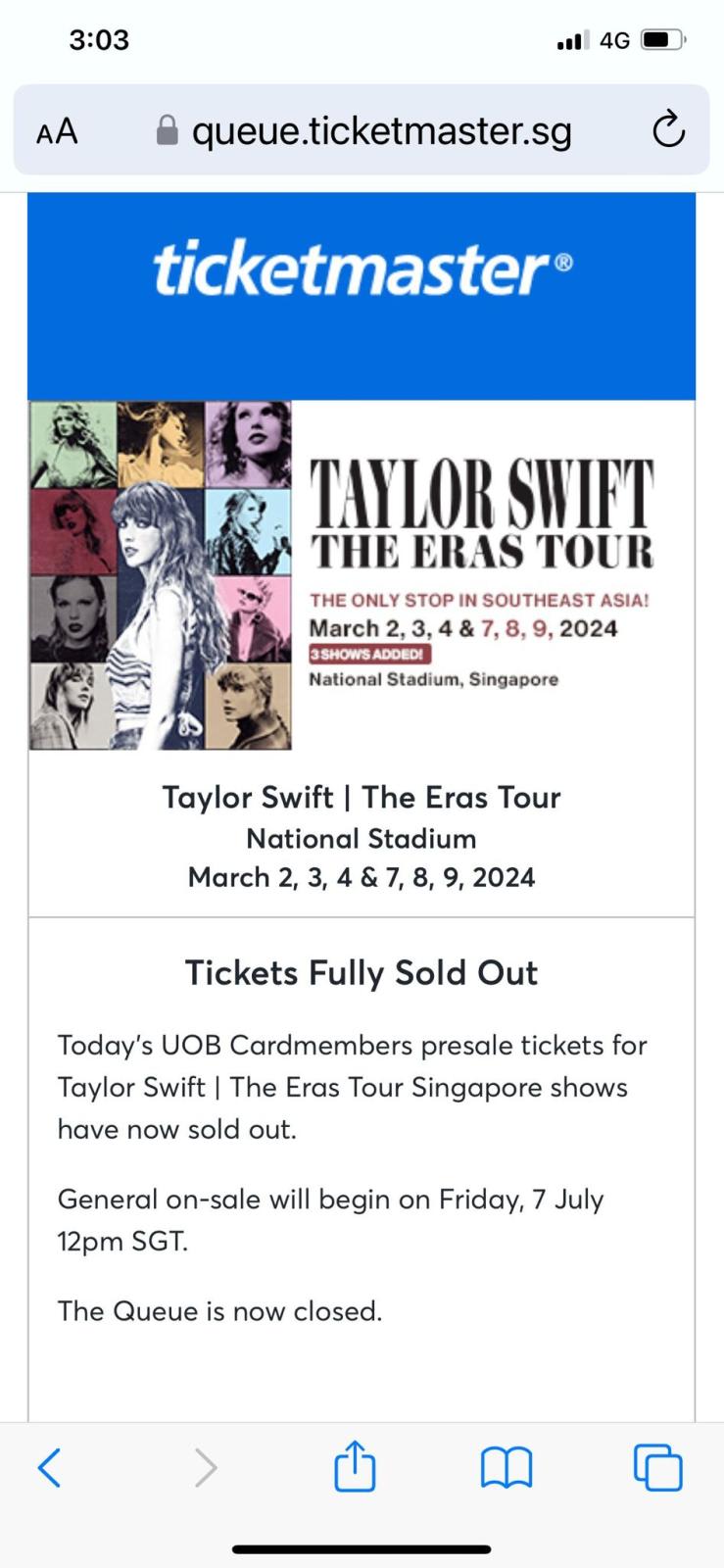 UOB presale tickets for Taylor Swift’s Singapore concerts sell out