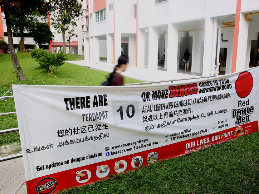 A dengue banner seen along Yishun Ring Road on June 14. Weekly numbers of new dengue cases have surged to a more than three-year high.