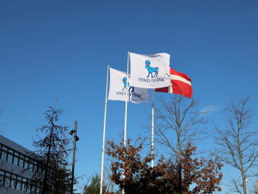 Flags are seen outside Novo Nordisk headquarters in Copenhagen, Denmark, on Feb 5, 2020.