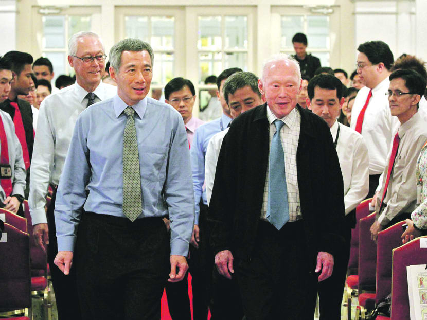 Prime Minister Lee Hsien Loong, Mr Lee Kuan Yew and Emeritus Senior Minister Goh Chok Tong arrive at the CPIB 60th Anniversary Commemorative Ceremony at the Istana on 18 Sep 2012. Photo: Ooi Boon Keong