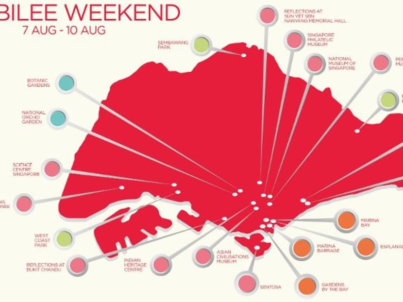 A map of celebration locations during the SG50 Jubilee Weekend from Aug 7 to 10. Photo: Heng Swee Keat's Facebook