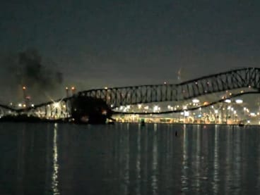 A screengrab of a livestream of the Francis Scott Key Bridge in the US city of Baltimore collapsing.