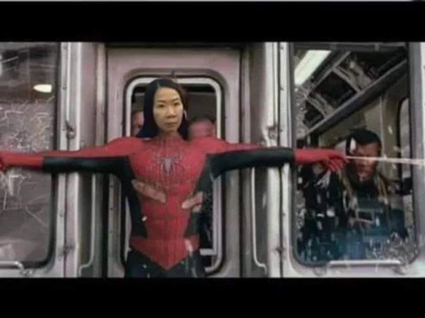 A meme posted by Wake Up Singapore on Instagram, depicting an angry woman who tried to block a car with her body as Spider-Man, in a famous movie sequence where the superhero holds back a subway train.