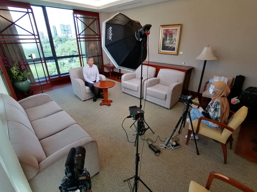 Ms A'lima Roslan interviewing Foreign Affairs Minister Vivian Balakrishnan at his office in the Ministry of Foreign Affairs building. Ms A'lima Roslan interviewing Foreign Affairs Minister Vivian Balakrishnan at his office in the Ministry of Foreign Affairs building.
