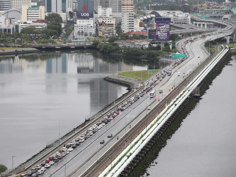 Heavy departing car traffic bound for Johor Bahru, Malaysia seen on the Causeway in Woodlands, at about 3pm on Jan 20, 2023.