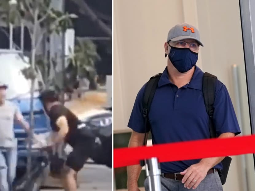 Left, a screengrab of a video showing lorry driver Zhang Ping (left) and cyclist Jeffery Todd Martin (right) after a series of overtaking manoeuvres on the road by both parties in 2019. Right, Jeffery Todd Martin at State Courts on May 10, 2021.