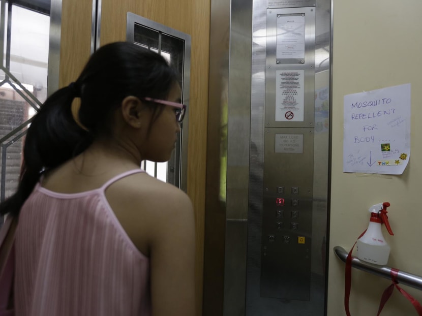 The insect repellant left behind in the lift at Block 196 Bishan Street 13. Photo: Wee Teck Hian/TODAY