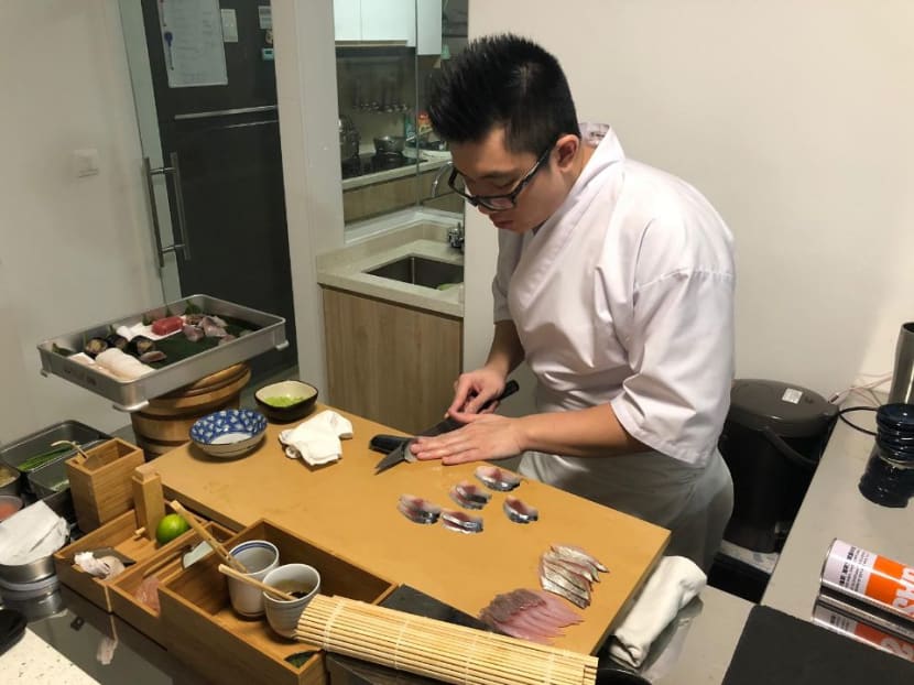 Home-based business operator Jeremy Tan preparing Japanese fare at his home.