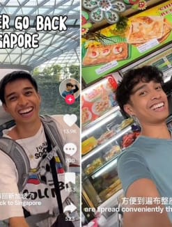 Screengrabs from a TikTok video where Andre Carrillo, 28, used sarcasm to make various statements that are actually the opposite of how he feels about Singapore.