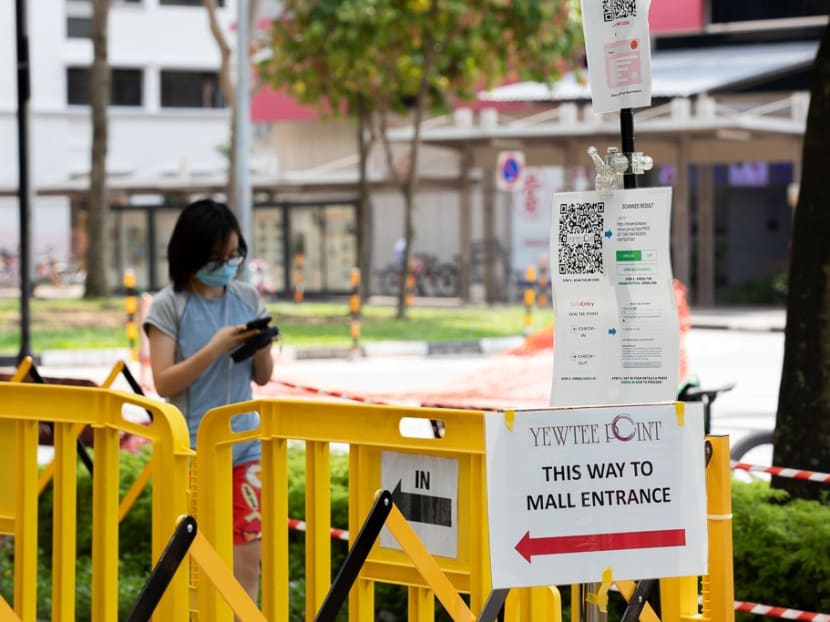 Barricades at the entrance of Yew Tee Point mall. Enterprise Singapore and the Singapore Tourism Board said that malls and shops will need to “gear up” to manage larger groups of people as more activities resume.