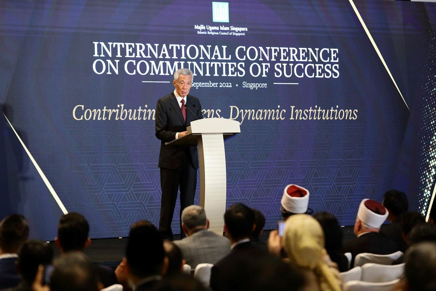 Prime Minister Lee Hsien Loong delivering his keynote address at the inaugural International Conference on Communities of Success on Sept 9, 2022. 