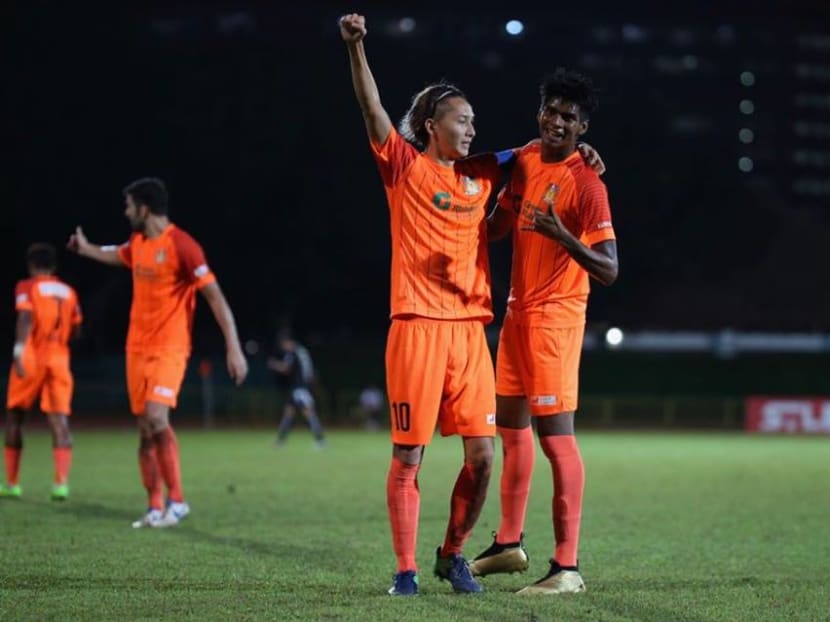 Fumiya Kogure (left) and Iqbal Hussein both found the net to give Hougang United a comfortable 2-0 win over Geylang International. Photo: S.League Facebook