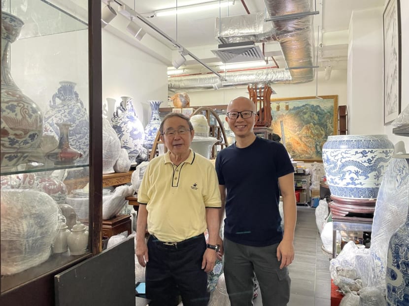 Mr Jonathan How and his father, Mr T T How, owners of The Antique Room, a new antiques shop at Orchard Towers.