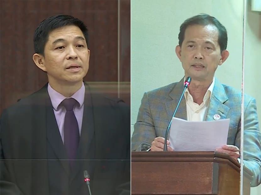 Speaker of Parliament Tan Chuan-Jin (left) and Non Constituency MP Leong Mun Wai in Parliament on March 7, 2022.