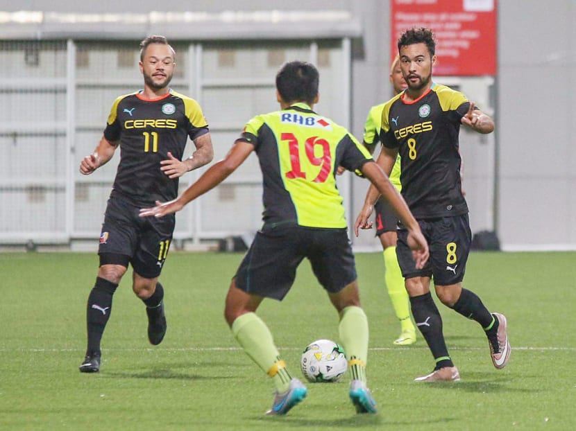 Ceres La Salle midfield duo Stephan Schrock (left) and Manuel Ott in action against Tampines Rovers in the Singapore Cup on Wednesday night. Photo: S.League’s Facebook Page