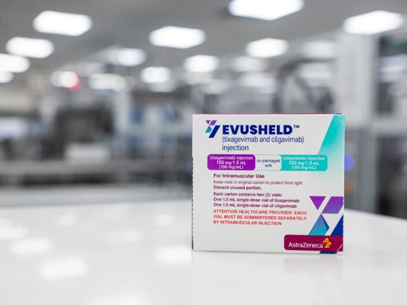 A photo taken on Feb 8, 2022 shows a box of Evusheld, a drug for antibody therapy developed by pharmaceutical company AstraZeneca for the prevention of Covid-19 in immunocompromised patients at the AstraZeneca facility for biological medicines in Södertälje, south of Stockholm, Sweden.