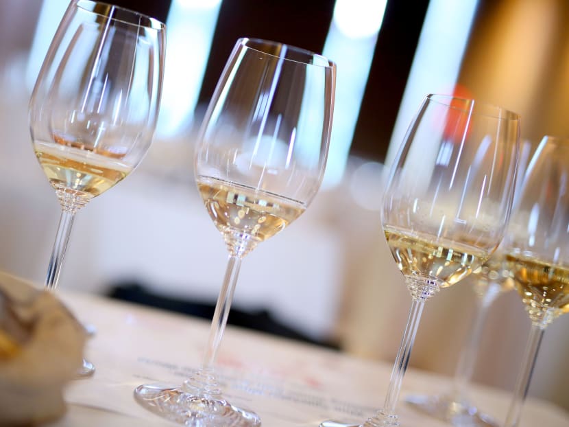A row of wine glasses at a wine seminar in New York City. Photo: AFP