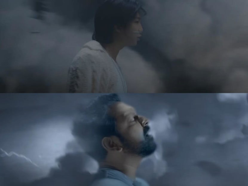 Screenshots showing similar scenes from BTS member RM's music video for Wild Flower (top) and Shusmita Anis and Tahsan Khan's music video for Harai Bohodur (bottom). 