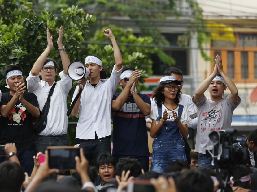 In this June 24, 2015 photo, student activists gather outside Pathumwan Police Station in Bangkok, Thailand. Photo: AP