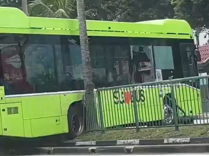 Screengrab from social media showing a bus mounted on a road divider after crashing into it on Oct 12, 2022.