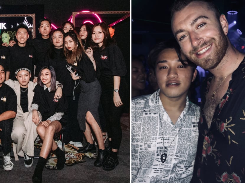Left: The Unik Apparel team, made up of Mr Xavier Tan’s employees and his friends, at the company’s first anniversary event. Right: Mr Tan with British singer and songwriter Sam Smith.