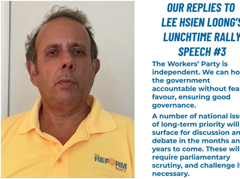 A video from Reform Party chief Kenneth Jeyaretnam (left) and replies from the Workers' Party (right) were posted on social media in response to Mr Lee Hsien Loong's lunchtime rally speech on July 6, 2020. A video from Reform Party chief Kenneth Jeyaretnam (left) and replies from the Workers' Party (right) were posted on social media in response to Mr Lee Hsien Loong's lunchtime rally speech on July 6, 2020.
