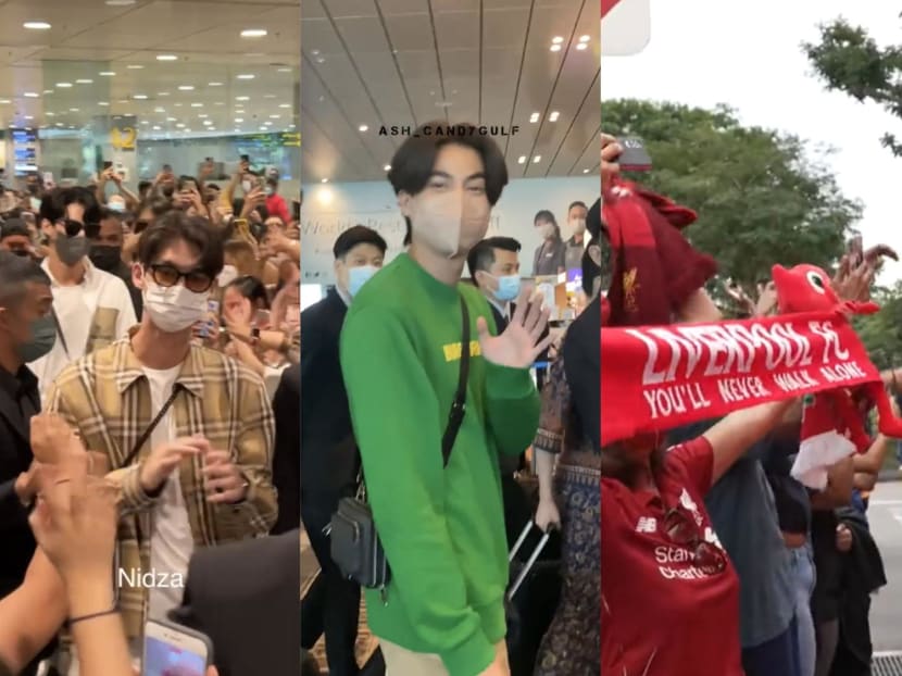 Fans flocked to Changi Airport to greet three Thai actors and football players from Liverpool Football Club as they arrived in Singapore for separate events on July 13, 2022. Fans flocked to Changi Airport to greet three Thai actors and football players from Liverpool Football Club as they arrived in Singapore for separate events on July 13, 2022.