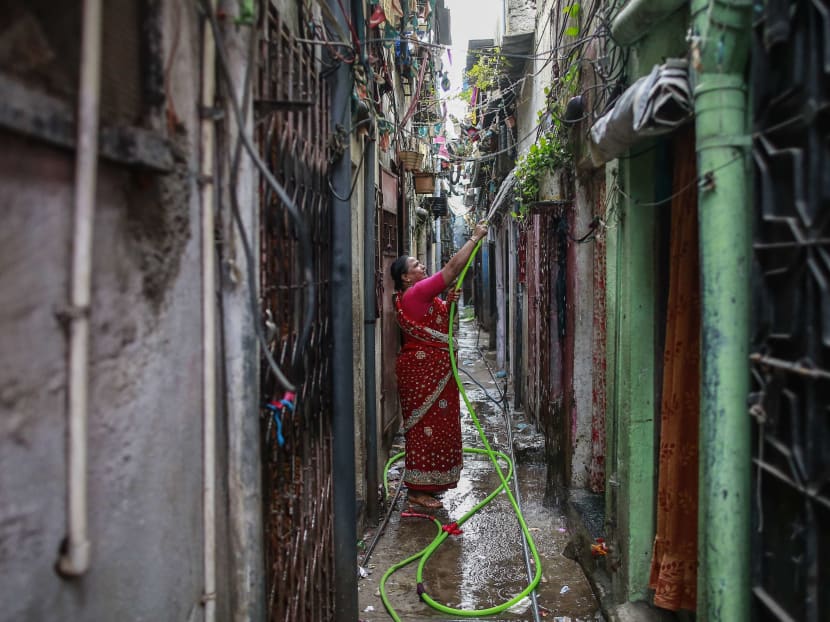 A woman waters the plants outside her house in an alley at a slum in Mumbai October 28, 2014. Photo: Reuters