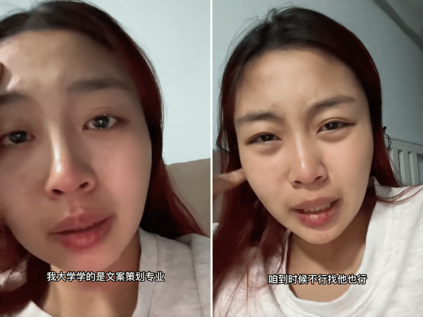 Screenshots from a Douyin video of a woman in China sharing a tearful rant on the struggles of finding a job as a fresh graduate.