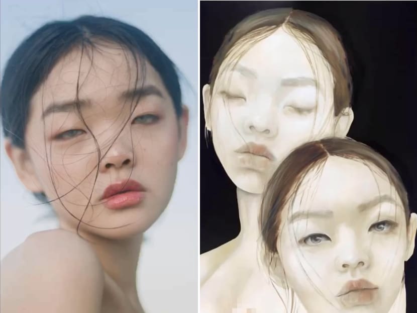The photo of Duan Meiyue (left) which the model claims has been used to create the painting (right).