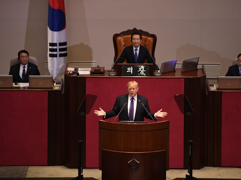 United States President Donald Trump addressing the National Assembly in Seoul on Nov 8, 2017. Photo: AFP