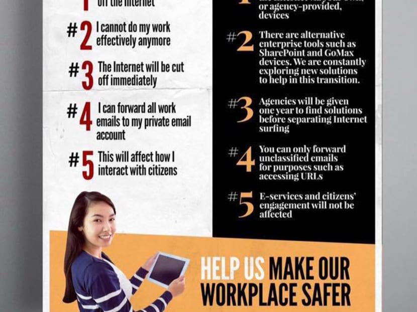 The Infocomm Development Authority of Singapore posted this image about myths and truths about plans to restrict Internet access for public servants. Photo: IDA's Facebook page