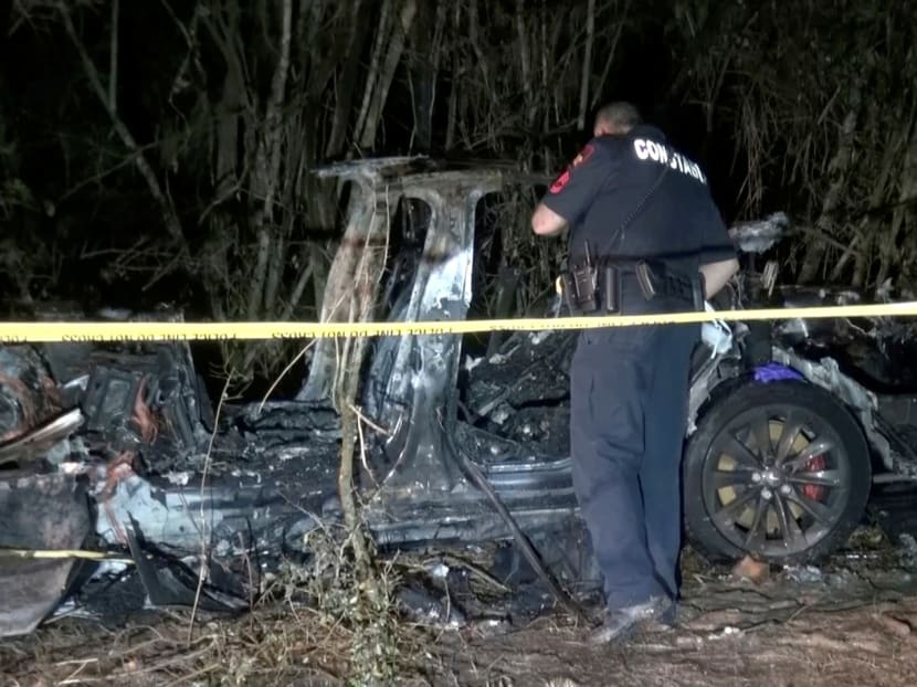 The remains of a Tesla vehicle are seen after it crashed in The Woodlands, Texas, April 17, 2021, in this still image from video obtained via social media.