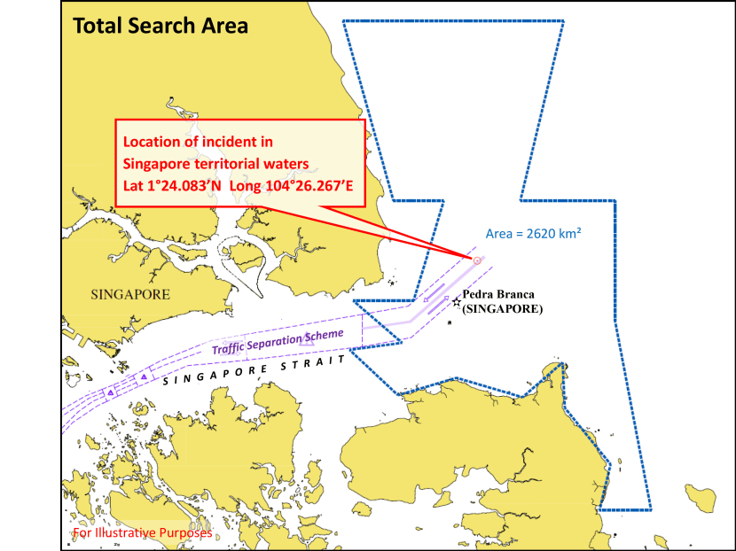 A map shows the search area covered by the Singapore-led SAR efforts, with Singapore and the US covering the centre of the identified search area while Malaysian and Indonesian assets are covering the north and south. Photo: Maritime and Port Authority of Singapore