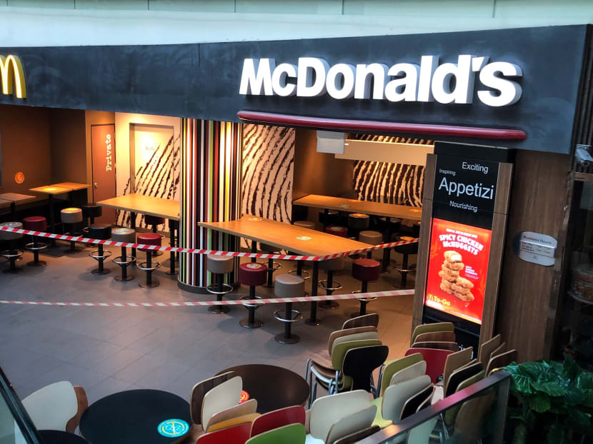 A McDonald's outlet at Chinatown Point. In a statement on Friday, the fast food chain said that all of its restaurants here will temporarily remove takeaways until May 4 as an added safety precaution to “flatten” the Covid-19 curve. A McDonald's outlet at Chinatown Point. In a statement on Friday, the fast food chain said that all of its restaurants here will temporarily remove takeaways until May 4 as an added safety precaution to “flatten” the Covid-19 curve.