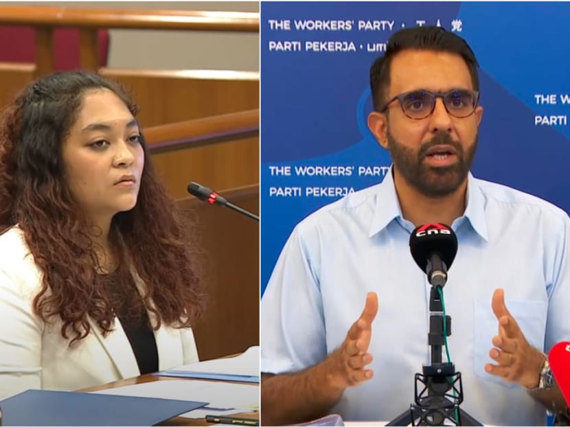 Former Workers' Party (WP) Member of Parliament Raeesah Khan (left) testifying before Parliament's Committee of Privileges on Dec 2, 2021. WP chief Pritam Singh (right) speaking at a press conference on the same day.