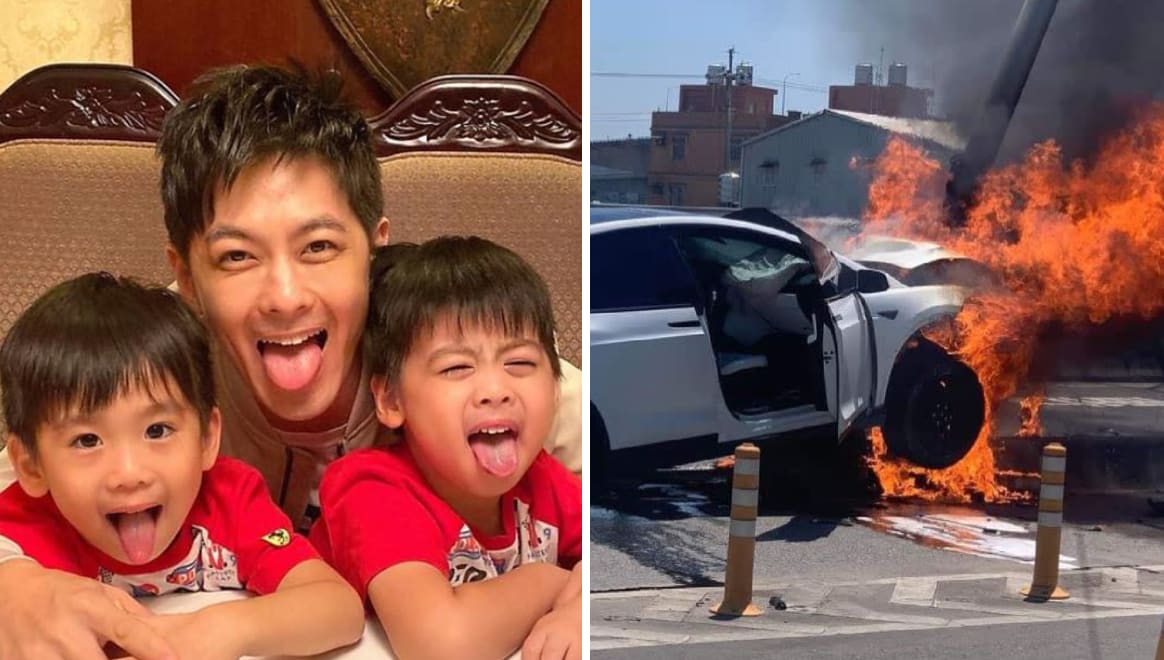 Jimmy Lin’s Tesla Burst Into Flames After Crashing Into Signpost, Singer & 6-Year-Old Son Were In The Car When Accident Happened