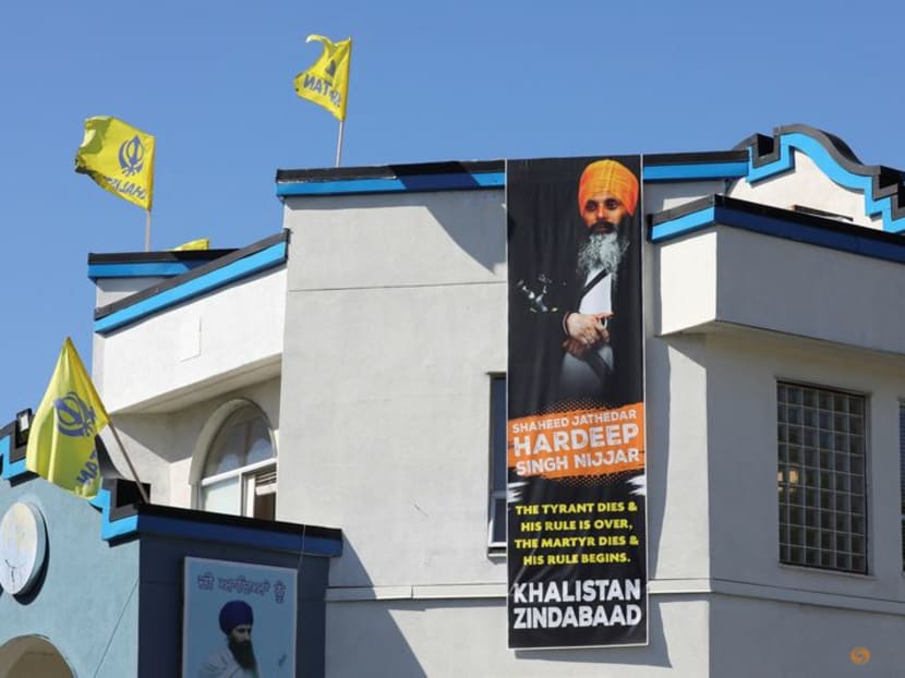 A sign outside the Guru Nanak Sikh Gurdwara temple is seen after the killing on its grounds in June 2023 of Sikh leader Hardeep Singh Nijjar, in Surrey, British Columbia, Canada September 18, 2023.  REUTERS/Chris Helgren