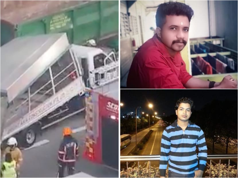 Sugunan Sudheeshmon (top right), 28, and Tofazzal Hossain (bottom right), 33, died in April 2021, after a lorry crashed into a stationary truck (left) on the Pan-Island Expressway.
