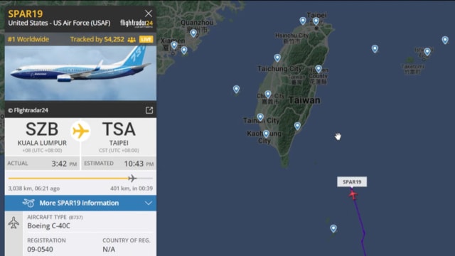航班追踪器显示佩洛西专机飞向台湾 抵达时间曝光