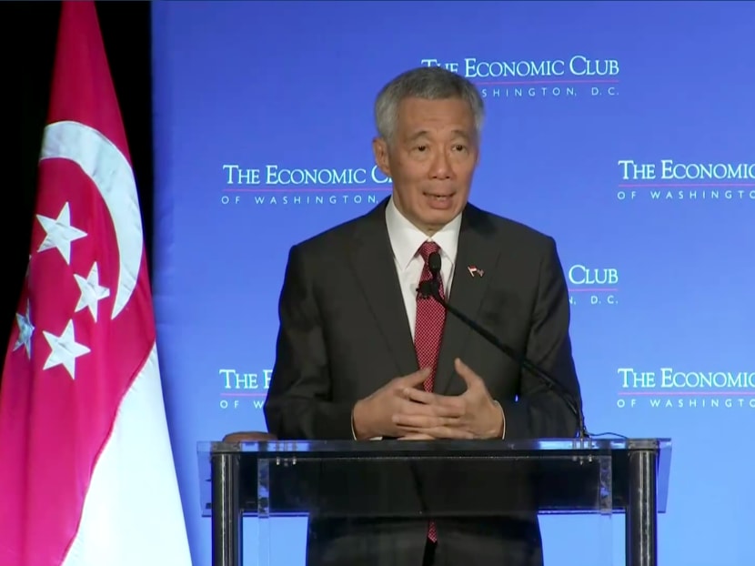 PM Lee Hsien Loong speaking at the Economic Club of Washington DC on Monday (Oct 23). Photo: Mediacorp