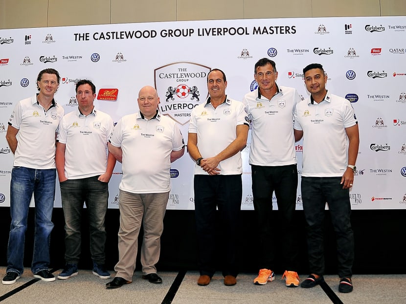(From left) Liverpool legends Steve McManaman and Robbie Fowler, chief executive officer of Castlewood Group Chris Comer, chief executive officer of Masters Football Asia Steve Black, and Singapore old guards Aleksandar Duric and Aide Iskandar. Photo: Masters Football Asia